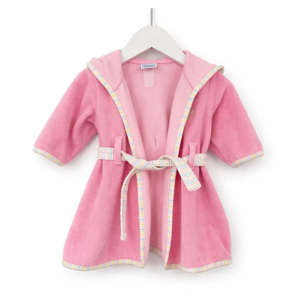 Vintage 12-18 month bath robe pink baby girl belted terry cloth 0084 hood